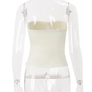 Detailed back view of a sexy cream French style bandeau tube top on a mannequin