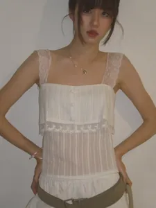 White square neck sheer lace camisole tank top for summer wear