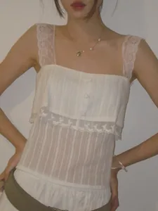 Elegant white slim fit cropped tank top featuring delicate lace straps and square neckline