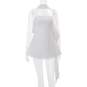 Detail of white French style strapless mini dress with long flowing ribbons
