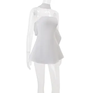 Detailed side view of white French style tube dress with elegant halter streamer