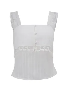 Elegant white square neck tank top with lace straps and button detail for summer style.