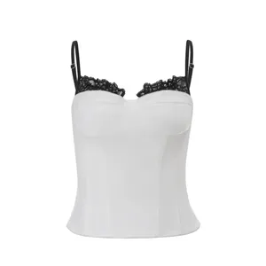 Elegant white lace trim camisole top with slim fit design and thin black straps