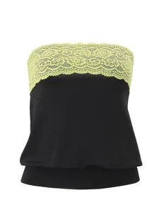 Street style strapless tube top with yellow lace patchwork and an elastic hem