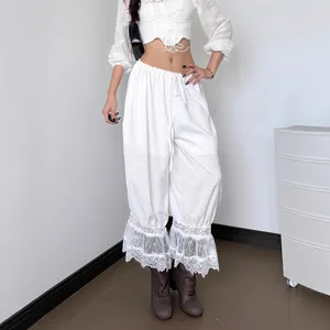 Pantalones Casuales de Mujer Streetwear con Patchwork de Encaje Cintura Baja Blancos Verano Boho Sueltos