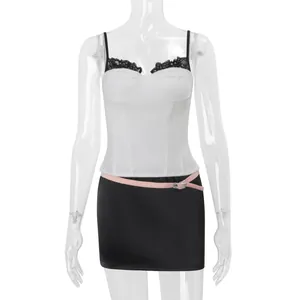 Detailed view of a summer lace camisole paired with a black mini skirt set