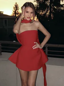 Elegant red strapless mini dress with matching neck scarf for women