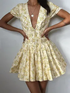 Summer yellow floral puff sleeve French retro V-neck slim fit mini dress for women