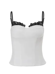 Elegant white corset style camisole top featuring black lace trim and slim shoulder straps