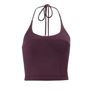 Elegante crop top allacciato al collo color prugna con cuciture sul busto chic