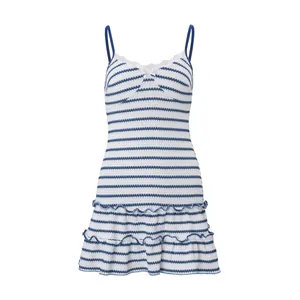 Detailed view of a blue and white striped camisole dress featuring a ruffled hem