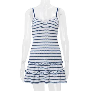 Detailed front view of a blue and white striped camisole dress with delicate lace trim