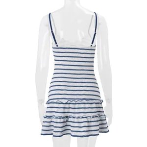 Back view of a blue and white striped ruffled sleeveless camisole dress for women's summer.