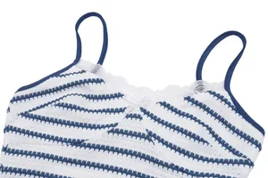 Close-up of white and blue striped camisole top with delicate lace and bow detail