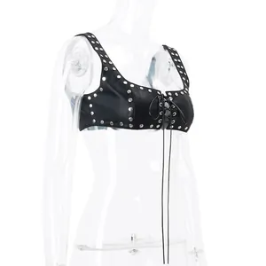 Side view of black studded PU leather cropped tank top featuring lace-up front design