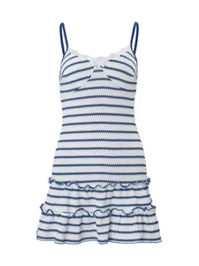 Summer sleeveless blue and white striped camisole dress with ruffle hem and lace trim