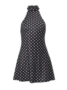 Elegant black and white polka dot halter neck backless flared mini dress for women's summer