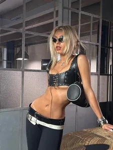 Sexy American street style black lace-up studded leather crop top vest for women