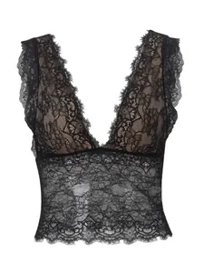 Canotta sexy in pizzo floreale nero trasparente con profondo scollo a V e merletto
