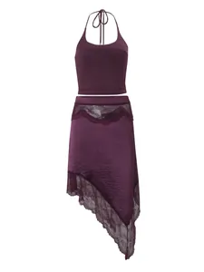 Set top viola a lupetto e gonna asimmetrica con pizzo per donna elegante