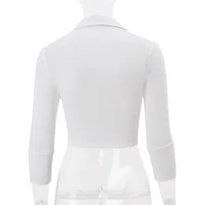 Detailed back view of a white slim fit cropped cardigan featuring a classic lapel collar