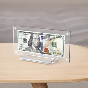 Dimensions for the acrylic banknote display frame with base width and height details