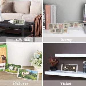 Clear acrylic frames showing usage for dollar bills, stamps, pictures and tickets.