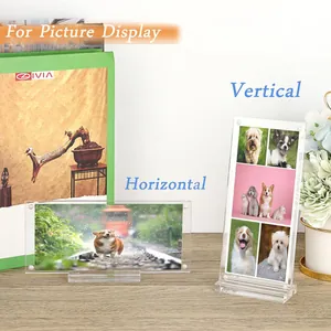Transparent acrylic photo display frame shown in vertical and horizontal orientations