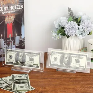 Clear acrylic currency display frame for banknote collection with base stand