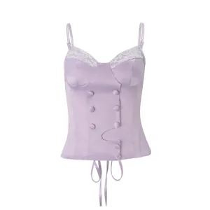 Lila Korsett-Top mit elegantem weißem Spitzenbesatz und zweireihigen Knöpfen auf der Vorderseite.