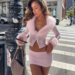 Fashionable street style pink lace long sleeve top with faux fur trim and mini skirt set