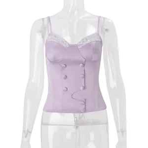 Eleganter lavendelfarbener Satin-Korsett-Camisole mit weißem Spitzenbesatz und Knöpfen