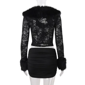 Rear view of black lace long sleeve top with fur collar and ruched mini skirt set