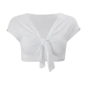 Detailed front view of a stylish white short sleeve tie-knot crop top shrug for women.