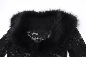 Close-up of black floral lace top featuring a luxurious faux fur collar detail.