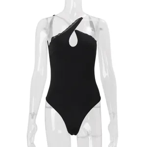 Sexy black one-piece bodysuit featuring front cutout and delicate lace trim accents