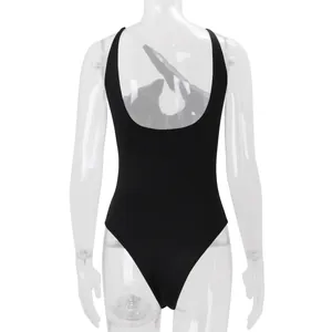 Back detail of a solid black slim-fit backless bodysuit for women on a mannequin