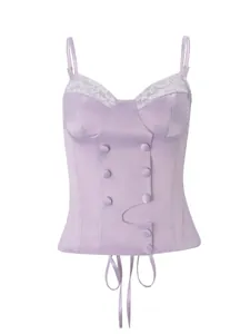 Elegantes lila Satin-Korsett-Top mit weißem Spitzenbesatz und zweireihiger Knopfleiste