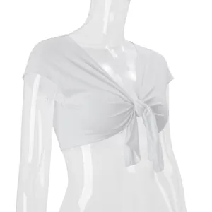 Chic white tie-front crop top shrug for women, 2026 summer fashion trend style.