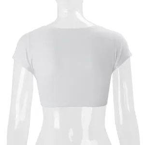 Back view detail of a white short-sleeve crop top shrug shown on a clear mannequin