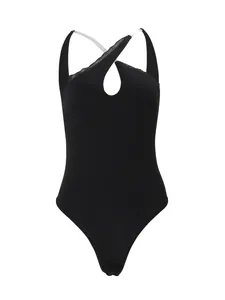 Sexy black backless bodysuit with cross halter neck design and delicate lace trim