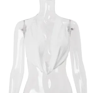 Close-up of a white halter neck sexy vest with a deep V-neck and draped front design
