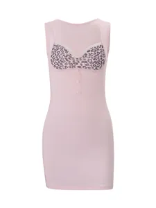 Abito mini bodycon rosa sexy senza maniche con bustino leopardato e finiture in pizzo