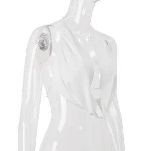 Close-up detail of a white satin halter top with a plunging V-neck on a mannequin