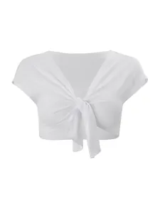 Stylish white short sleeve tie-front crop top shrug bolero for summer women's fashion