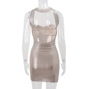 Detailed back view of a sexy gold metallic halter bodycon mini dress with open back straps