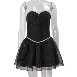 Sexy strapless black mini dress with sparkly silver sequins for parties