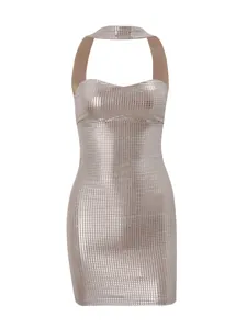 Elegant silver sequin halter neck bodycon mini dress for glamorous women's party wear