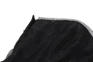 Detailed close-up of side zipper and silver braided trim on black glittery mesh dress fabric