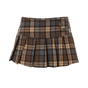 American retro brown plaid pleated mini skirt with low waist and decorative buttons